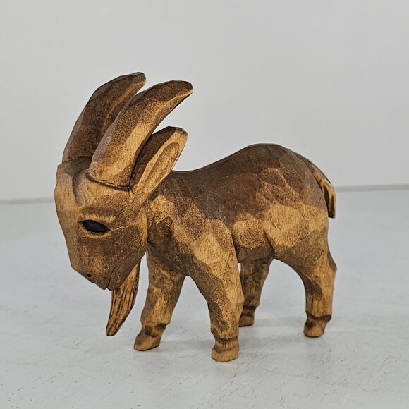 Hand-Carved Wooden Goat Figurine With Intricate Detailing Signed Folk Art - Picture 8 of 8